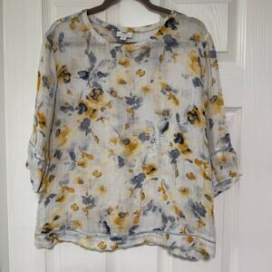 Pure Jill Women's 100%Linen Floral 3/4 Sleeve Oversized Top Size XS
